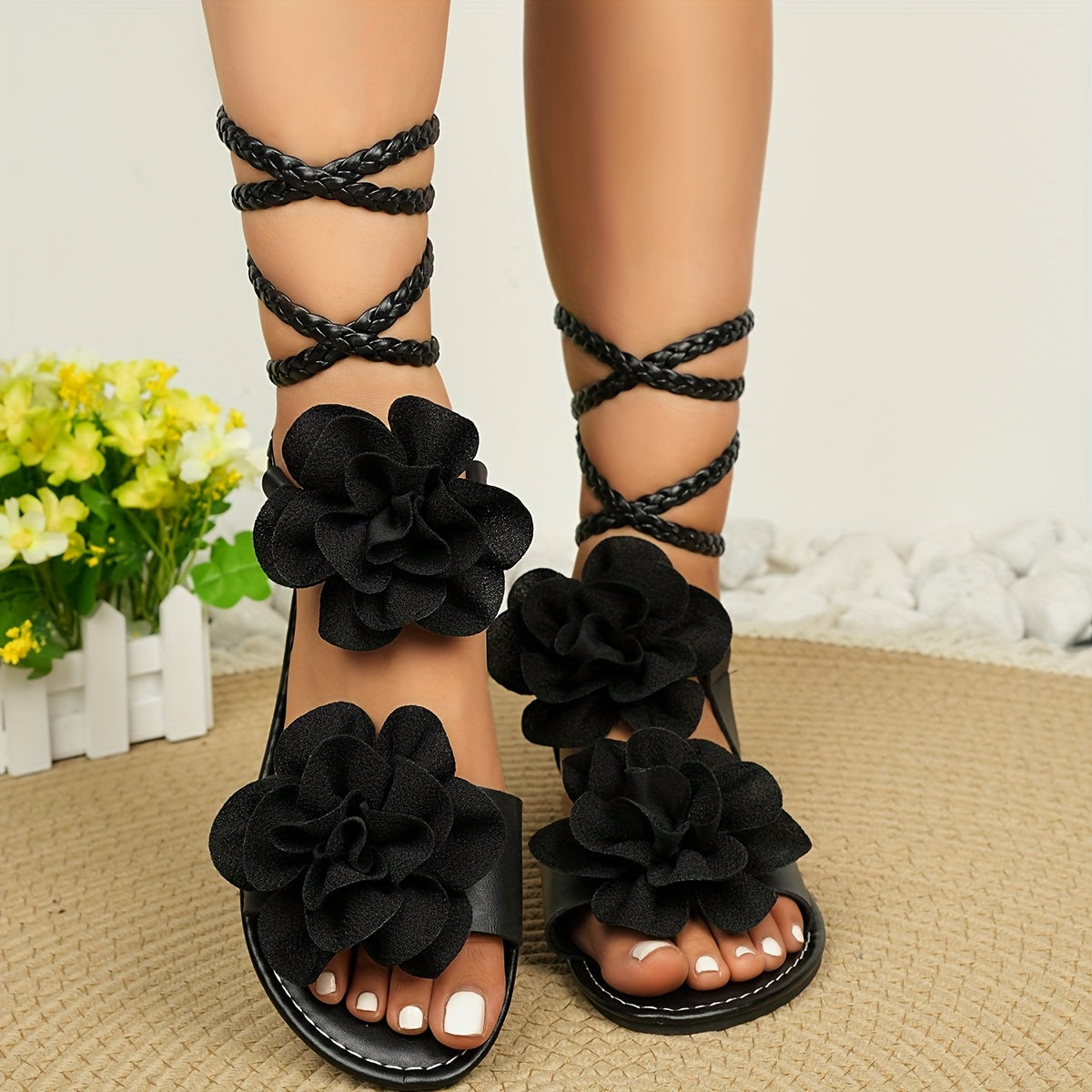 Women'S Fashion Floral Braided Lace-Up Sandals - White 3D Flower Design, Open Toe, Low Heel, Faux Cover, Summer Roman Style, Casual Strappy Back, All-Season Wear, Strappy Sandals